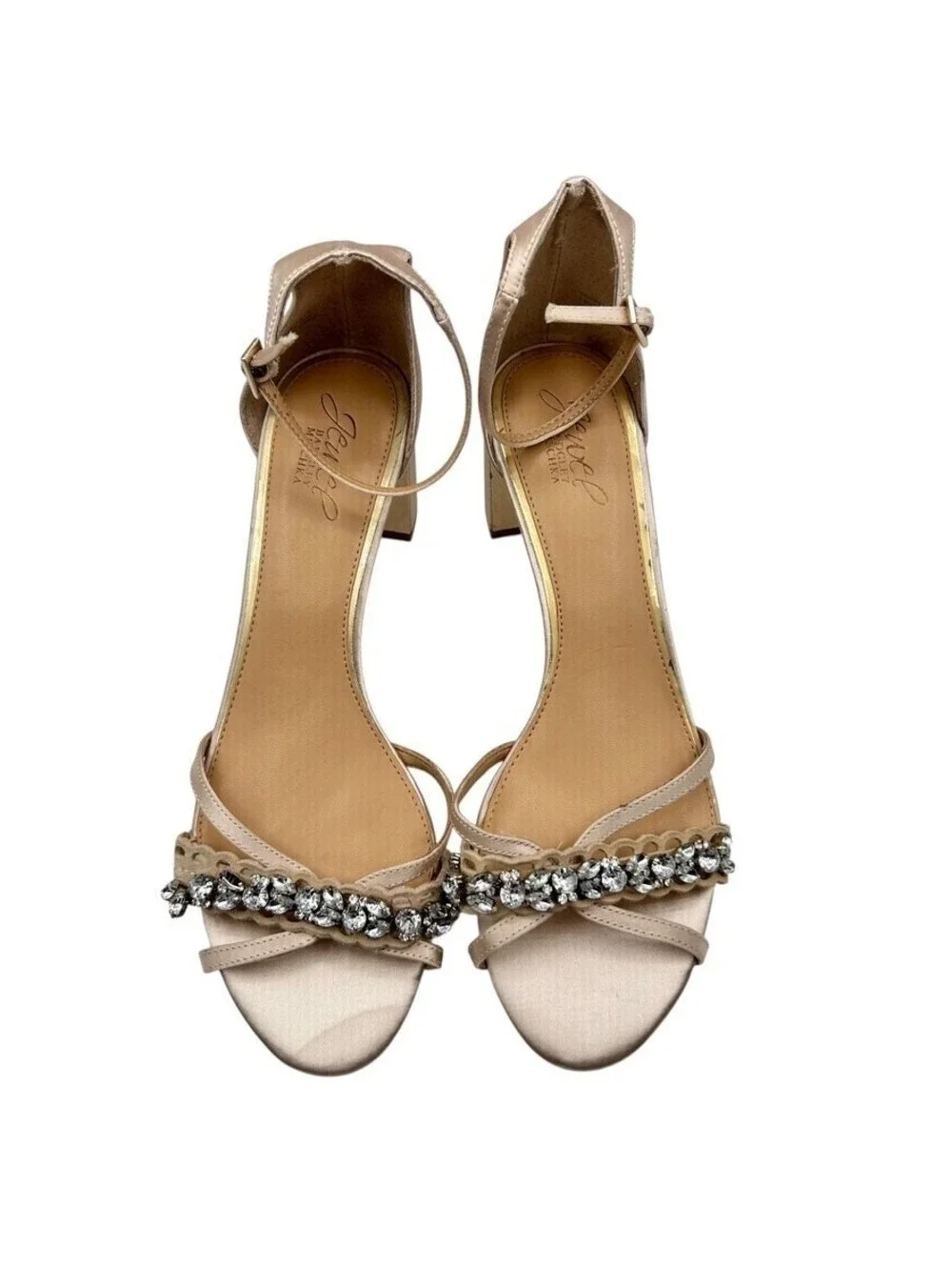 Jewel Badgley Mischka Champagne Satin Crystal Embellished Block Heels Size 8.5